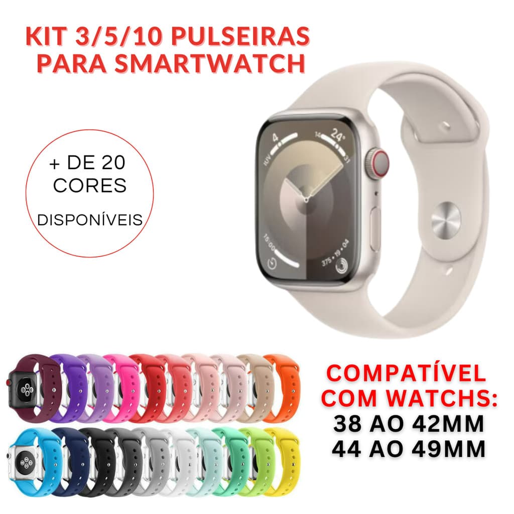 Kit 3/5/10 Pulseiras Smartwatch Silicone Premium Compatível 38 ao 42mm 44 ao 49mm