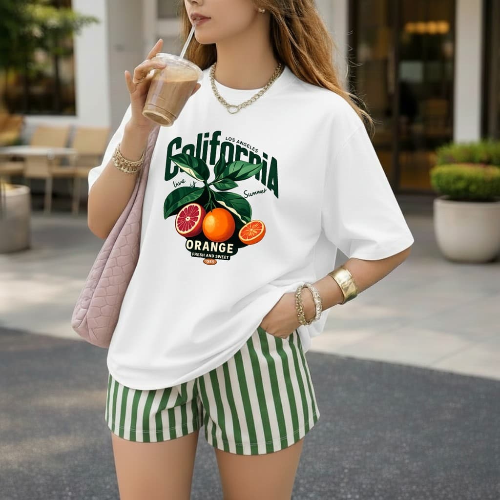 Camiseta Feminina Laranja Califónia Oversized 100%Algodão Premium Moda Praia verão Estilo e Conforto