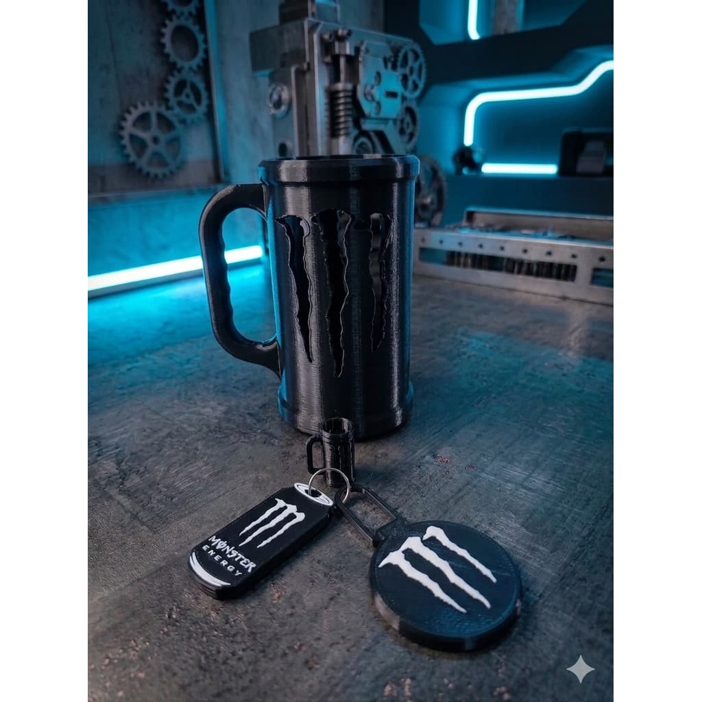 Kit Suporte / Porta Lata / Caneca Energético + Abridor + Tampa + Brinde Exclusivo Chaveiro - Monster