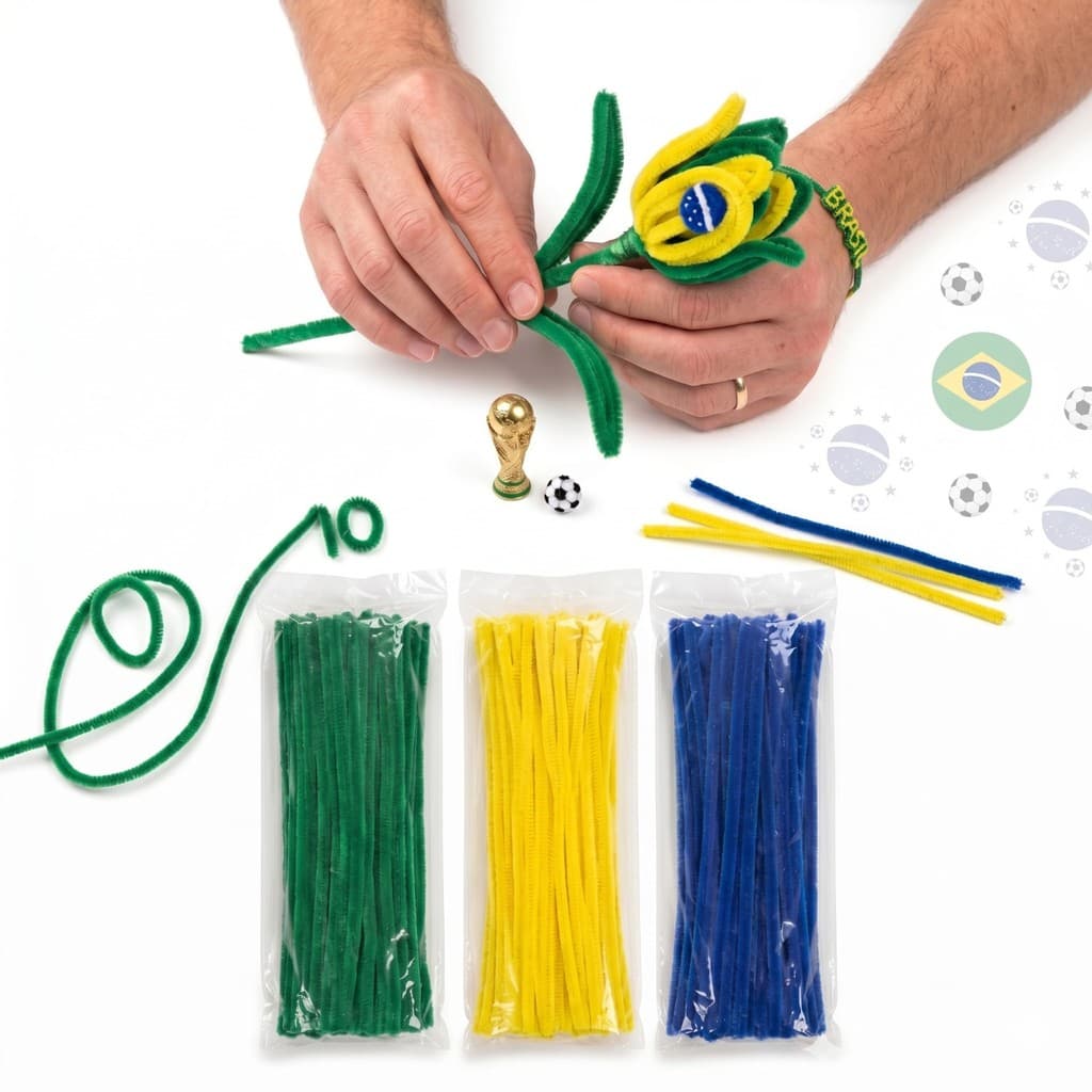 Kit 300 Unidades Haste Chenille 30cm p/ Artesanato Cores do Brasil Copa do Mundo 6mm