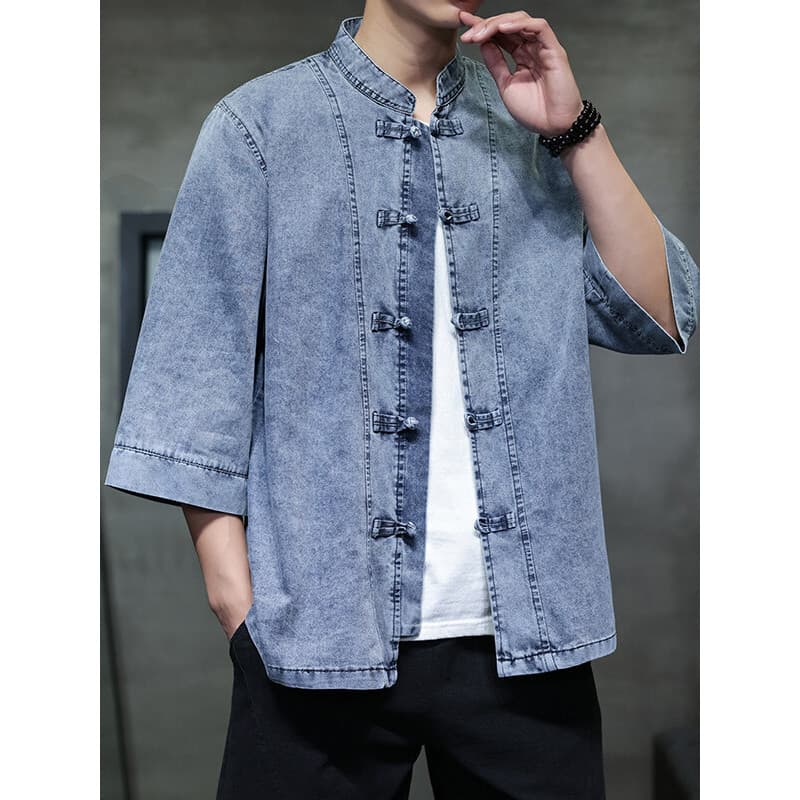 Camisa jeans retrô masculina de manga curta, tamanho grande, estilo chinês, botão de disco, terno Tang, novo estilo chin