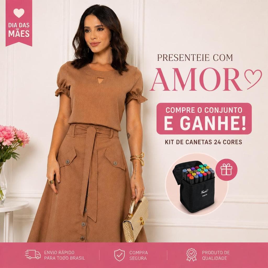 Conjunto Saia e Blusa Feminino em Linho Premium com Cinto Forrado Botões Madeirados Moda Evangélica Chic Sem bolsos