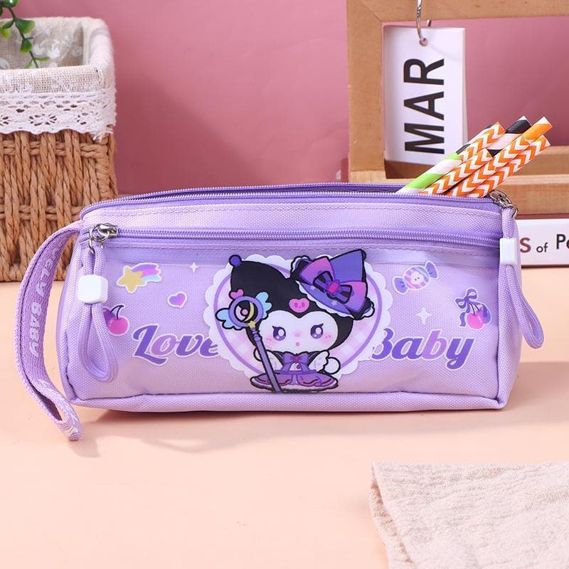 Decorador Grande Capacidade Caso De Lápis Para Estudantes Bonito Kuromi Caneta Saco Multi-Bolso Oxford Tecido Papelaria