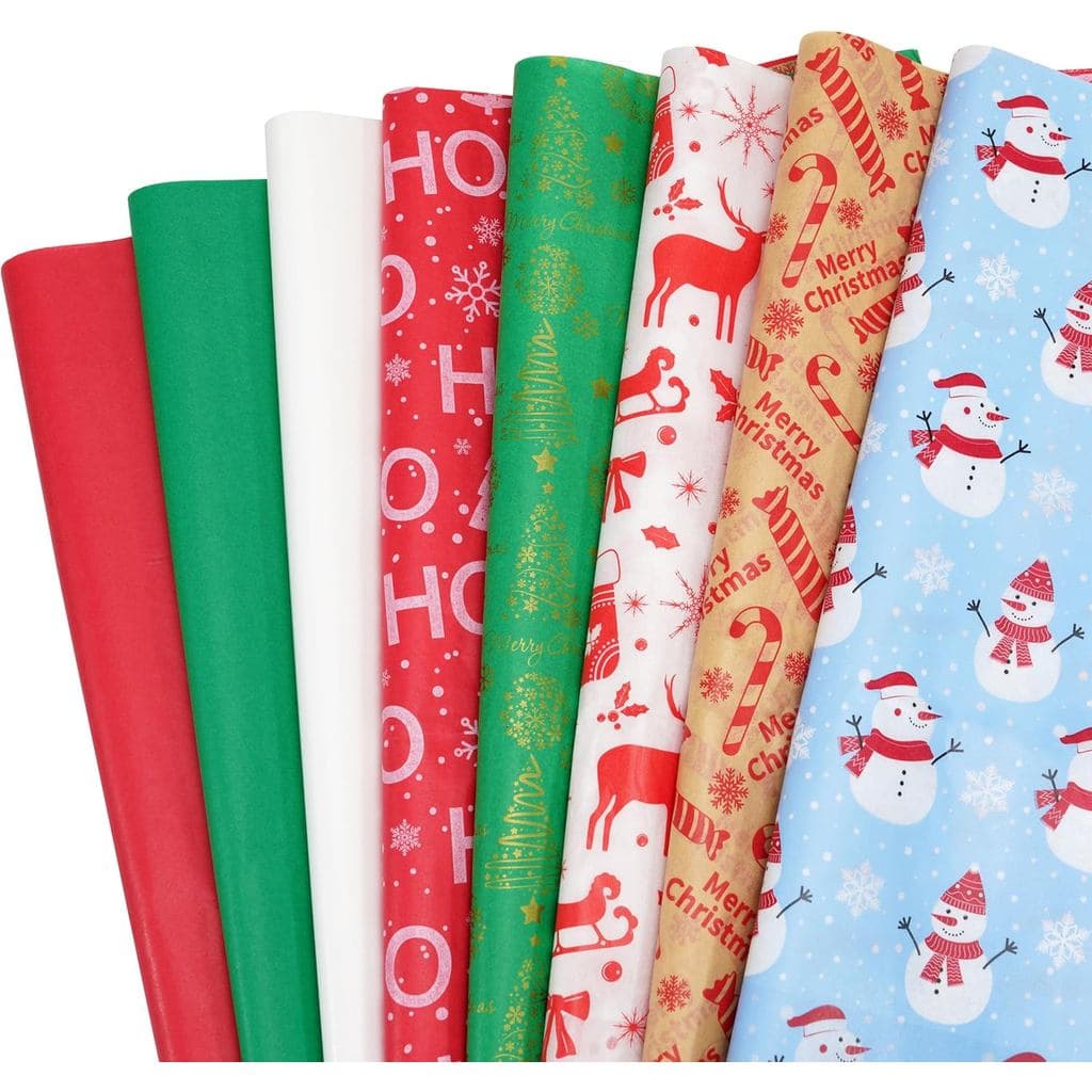 80 Folhas de Papel de Seda de Natal para Sacolas de Presente, 20" x 20" em Vermelho, Verde e Branco com 8 Designs Difere