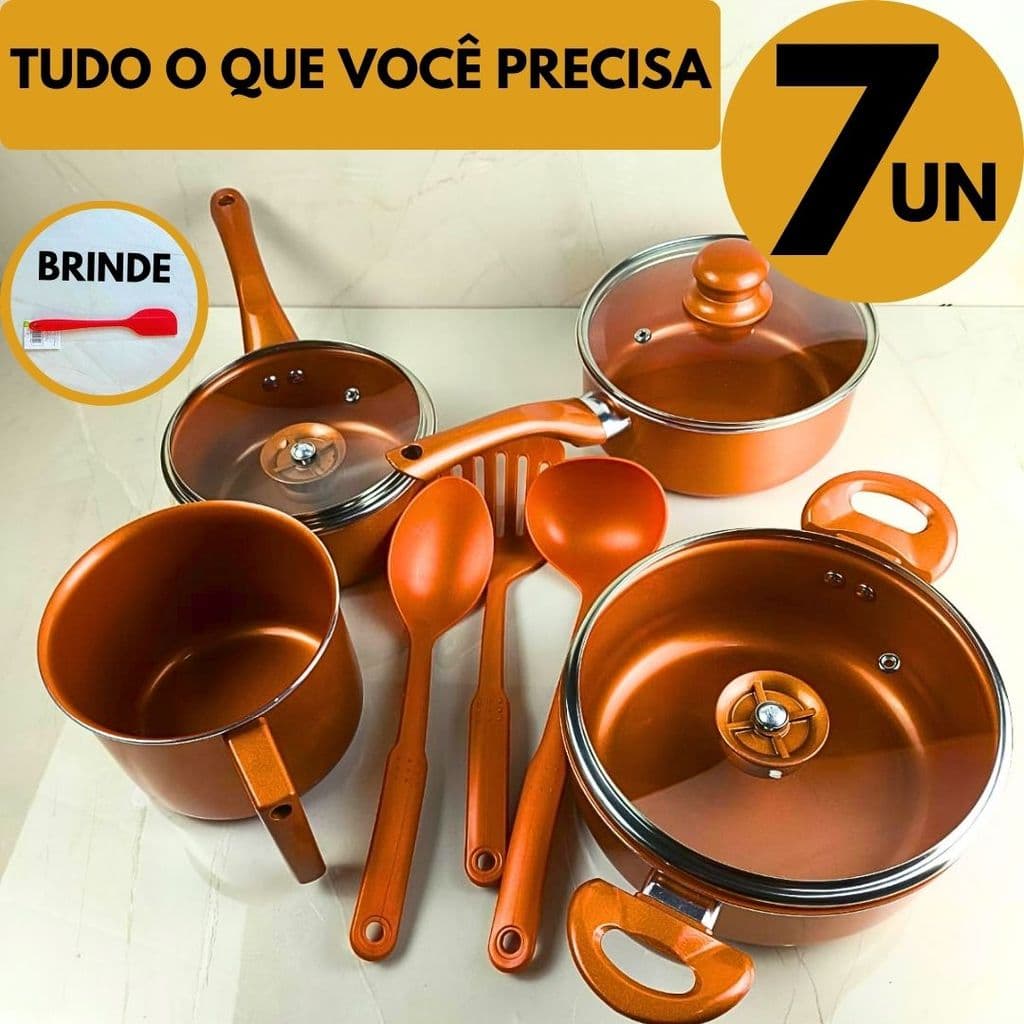 Jogo de Panelas Cobre 7 Peças Antiaderente Tampas de Vidro Prático enxoval Casa Cozinha Apartamento