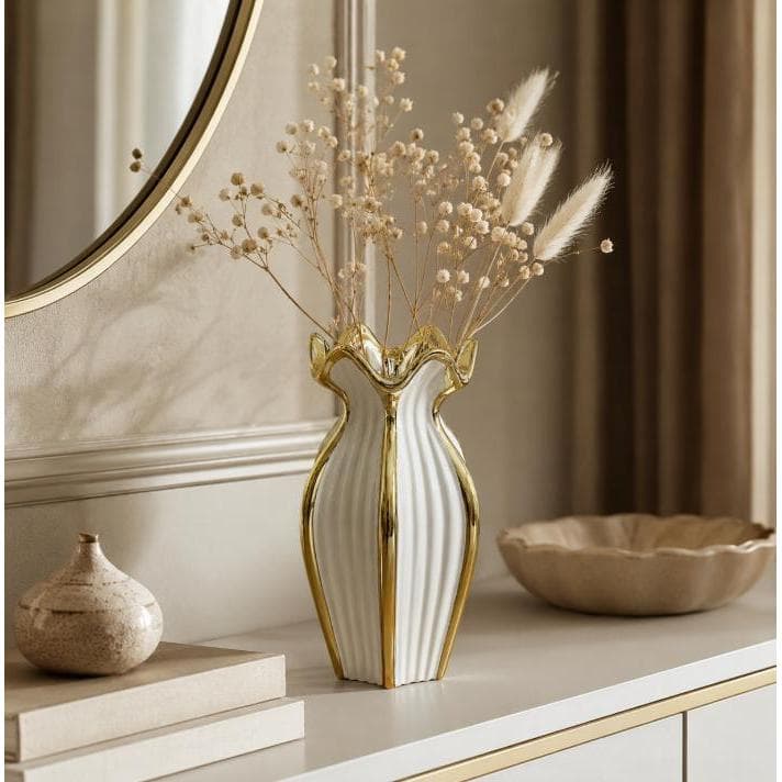 Vaso Decorativo Branco com Detalhes Dourados – Elegância para Sala, Quarto e Escritório