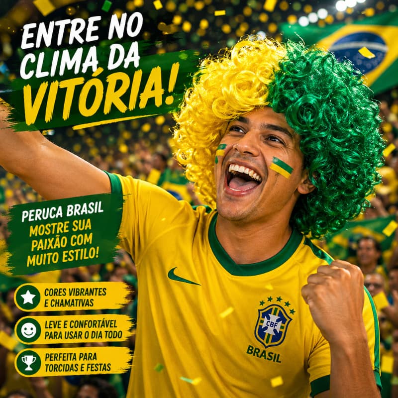Peruca Brasil Torcedor Copa Verde Amarelo Fantasia Futebol Festa