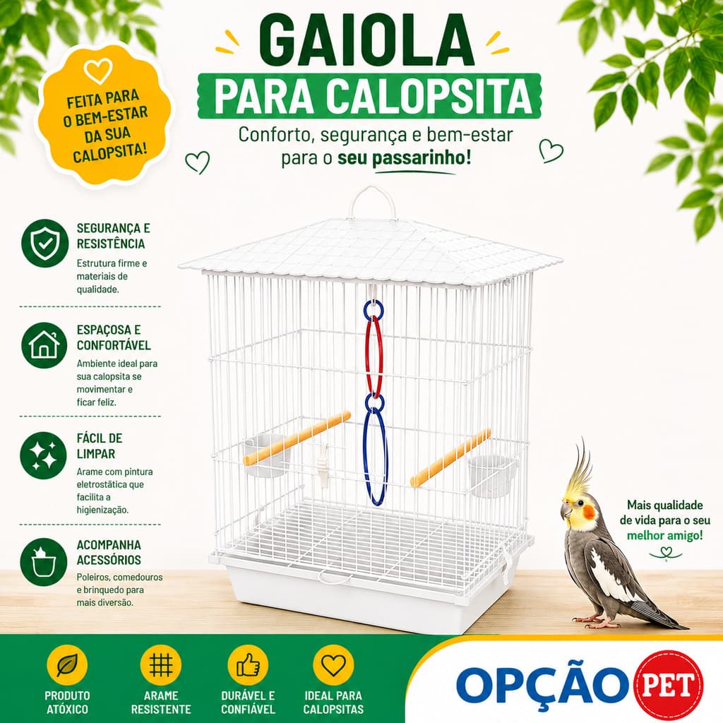 Gaiola para Calopsita + ACESSÓRIO E UM JOGO DE ARGOLAS COLORIDAS mansa teto plástico na cor Branco - OPÇÃO PET