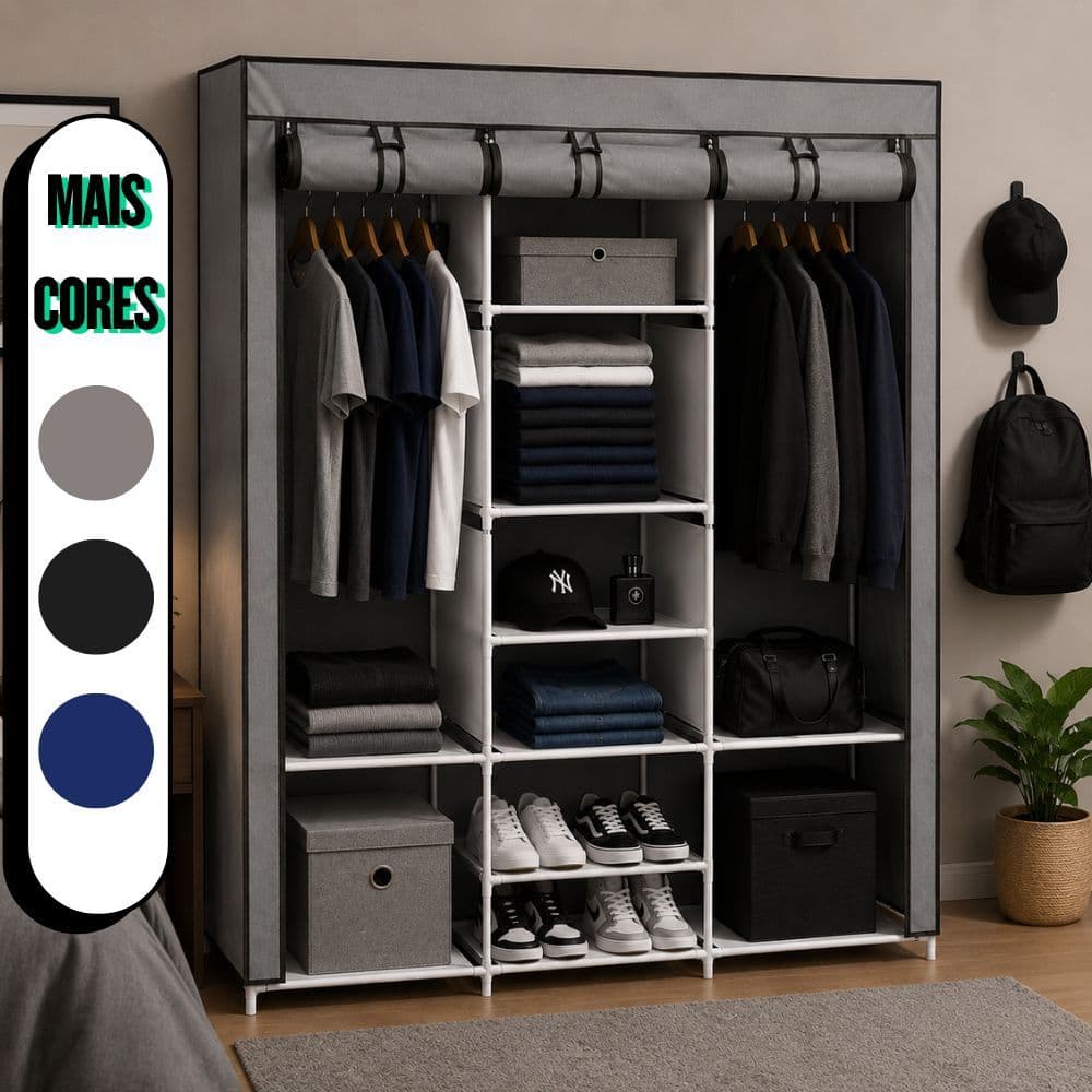 Guarda Roupas Desmontável Cinza Preto Azul Mobilis 130cm x 45cm x 170cm - MEK