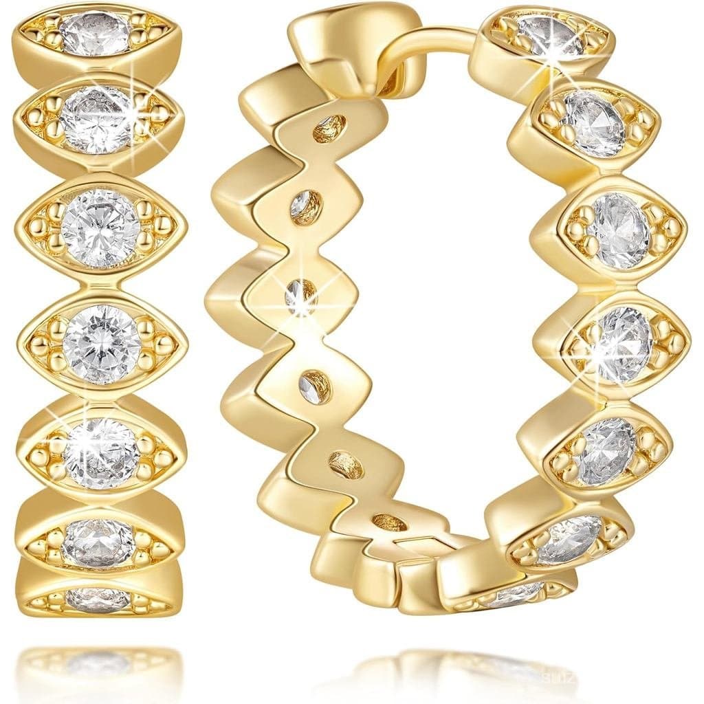 Brincos de Ouro 14K para Mulheres com Zircônia Cúbica Inspirados no Olho Turco, Brincos de Argola Delicados e Elegantes