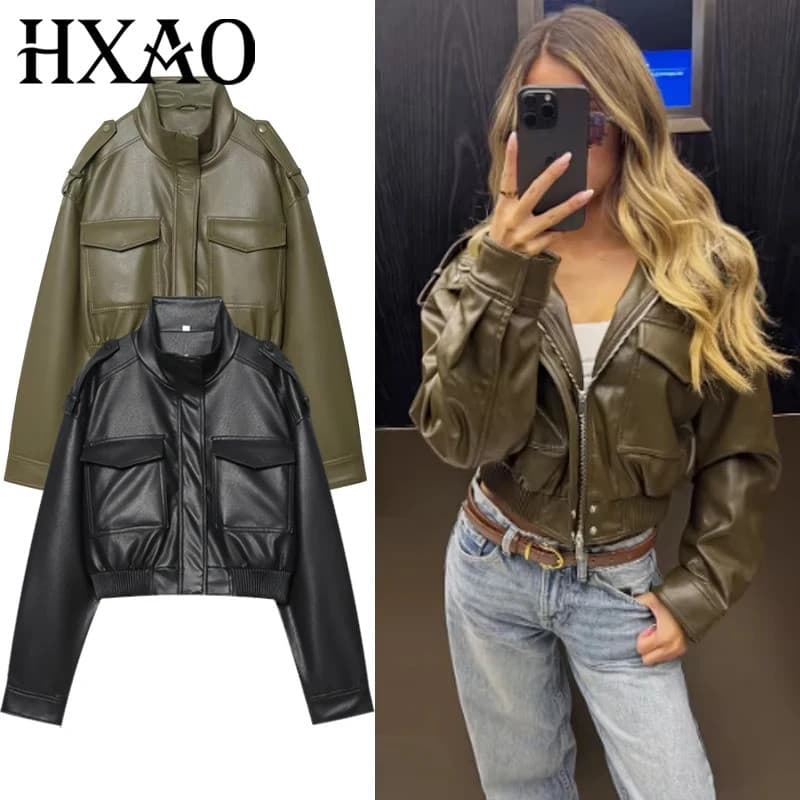 Jaqueta de Couro Feminina HXAO 2025, Jaqueta Bomber Verde em PU, Top Curto com Zíper, Manga Longa, Gola Alta, Bolsos, Ja