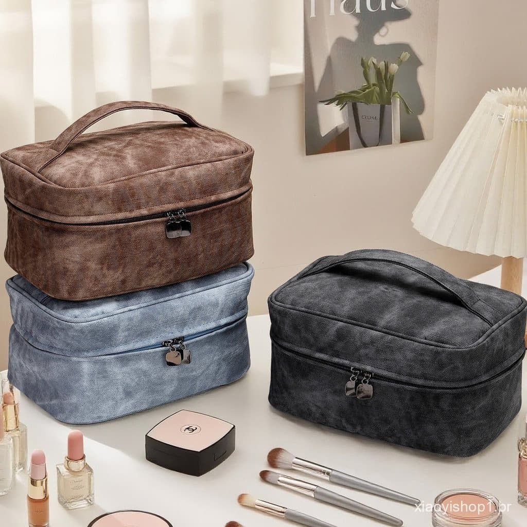 Novo duplo Denim padrão saco de cosméticos viagem portátil saco de armazenamento simples prático saco de higiene pessoal