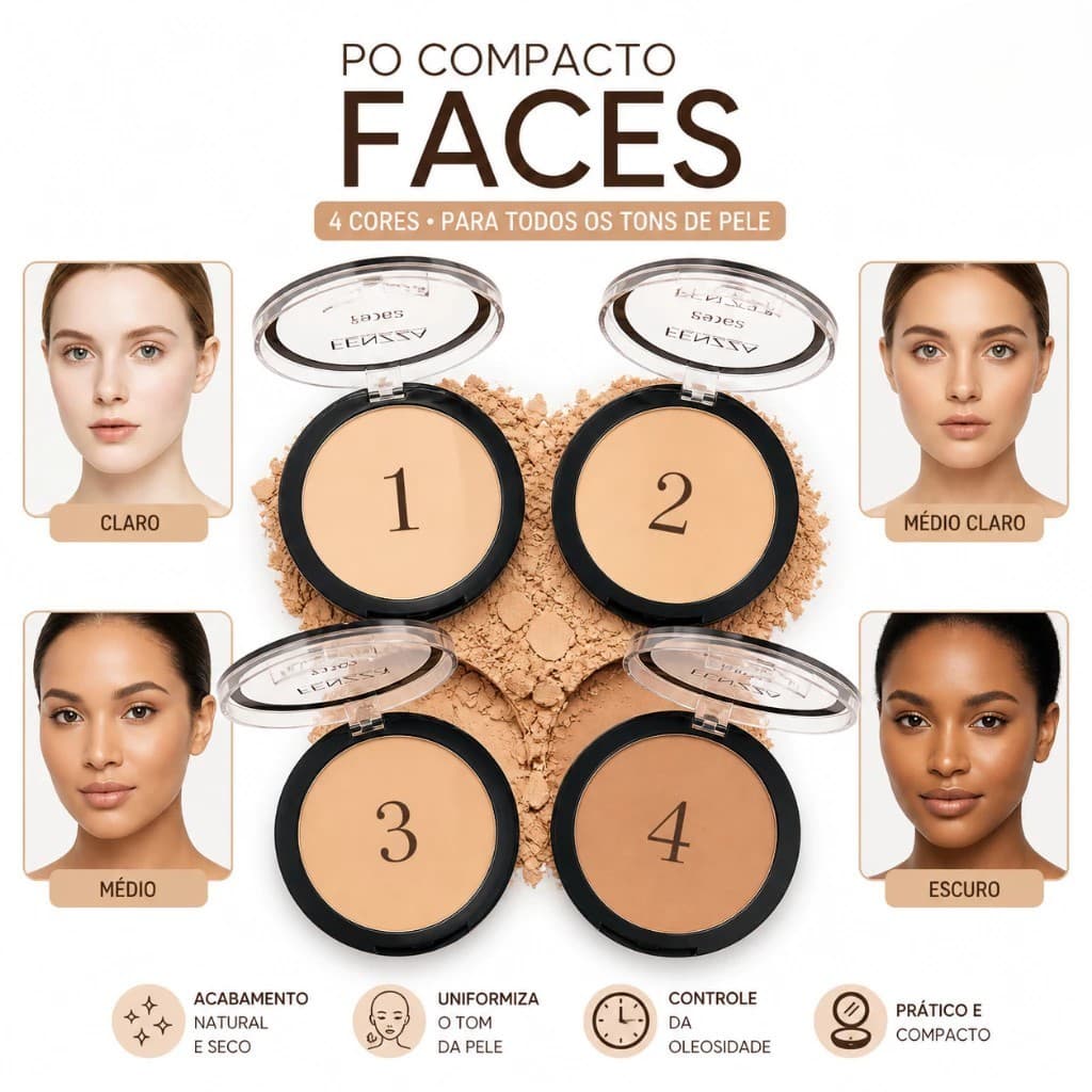 Kit 5 Pó Compacto Faces Efeito Aveludado - Fenzza 4 Tons Matte Controle de Oleosidade