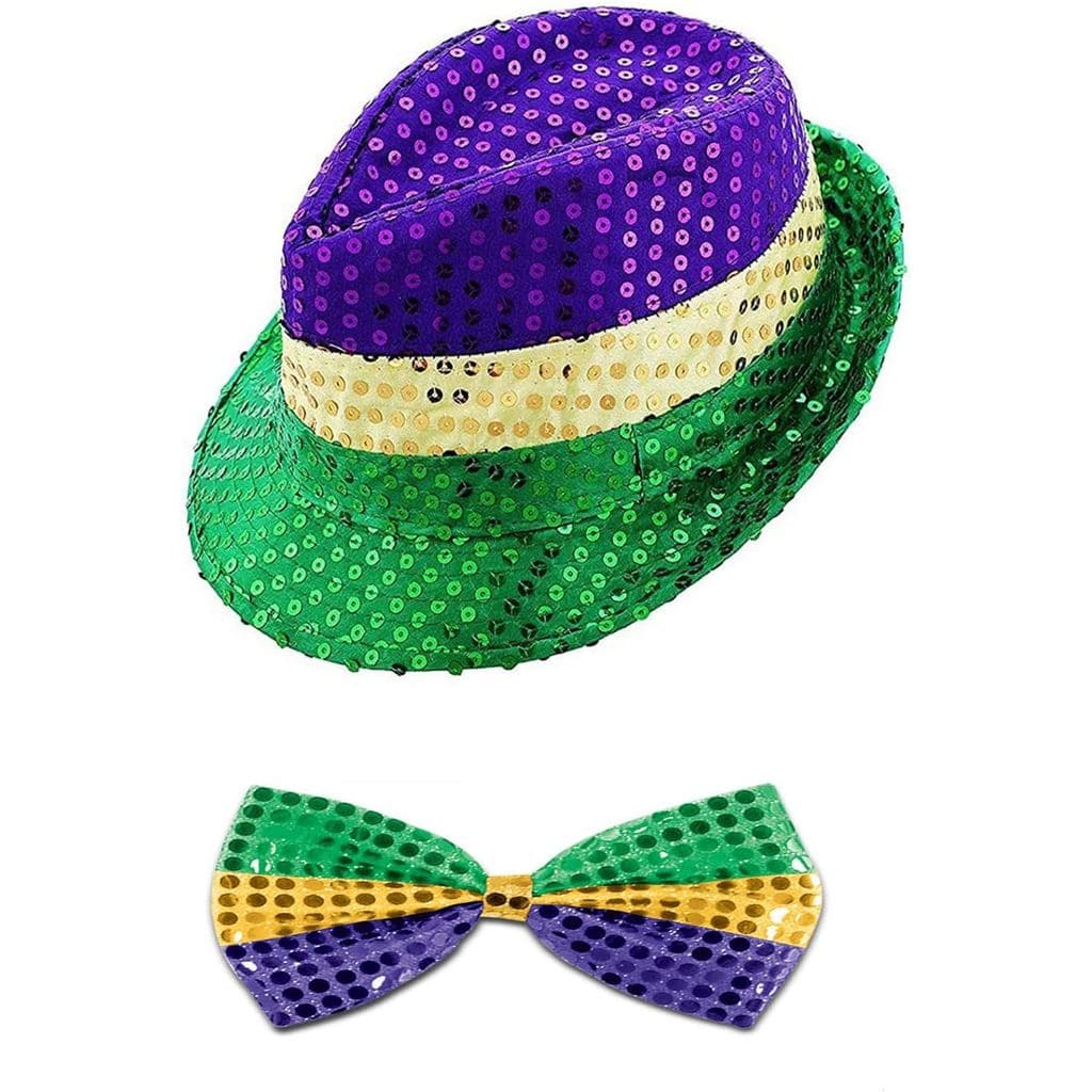 Mardi Gras Fedora Hat, Party Favor Costume Accessories, 1 Flashing Sequin Fedora and 1 Sequin Neck Tie,Sequined Party ha