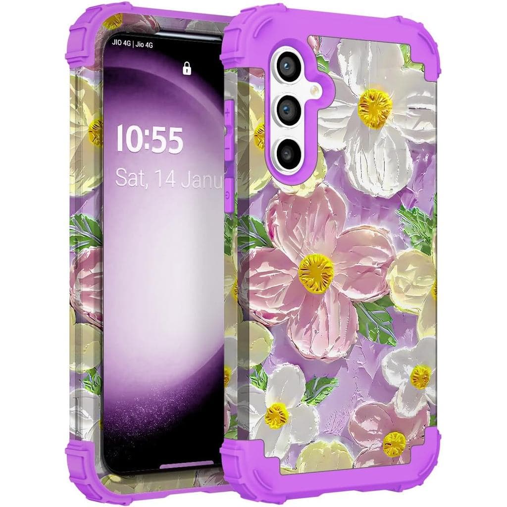 Capa para Galaxy S24, 3 em 1 com Padrão de Pintura a Óleo de Flores, Proteção Resistente a Impactos, Bumper de Borracha