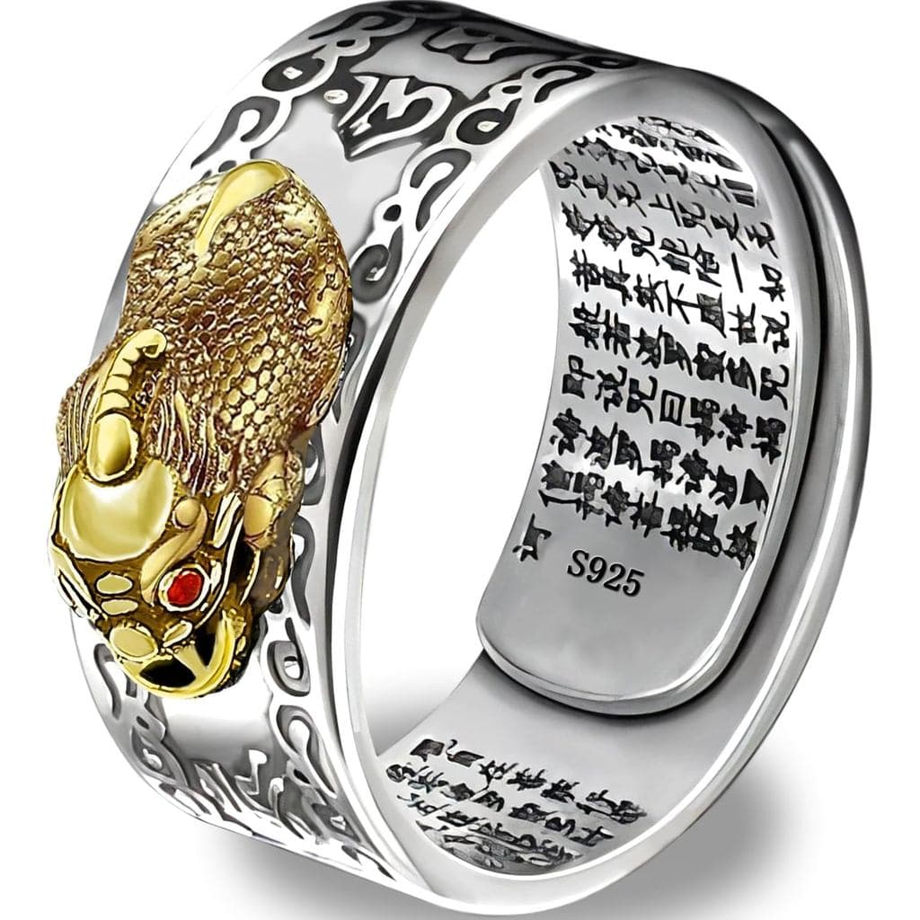 JAJAFOOK Anel Ajustável de Prata Esterlina 990 com Amuleto PIXIU MANI FENG Shui para Sorte e Riqueza, Joia Budista