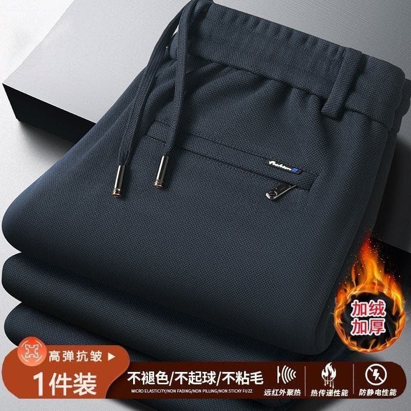 W Calças masculinas de inverno forro de lã engrossado quente estiramento calças casuais cintura elástica solta reta meia