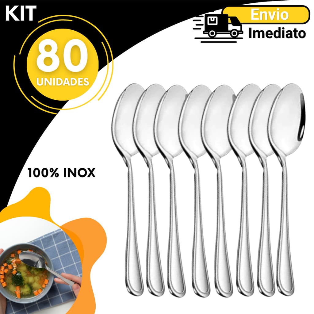 Colher de Mesa Sopa Inox Talher Kit 32 40 60 80 Unidades Resistente Brilho Premium Uso Doméstico e Profissional  Quentão