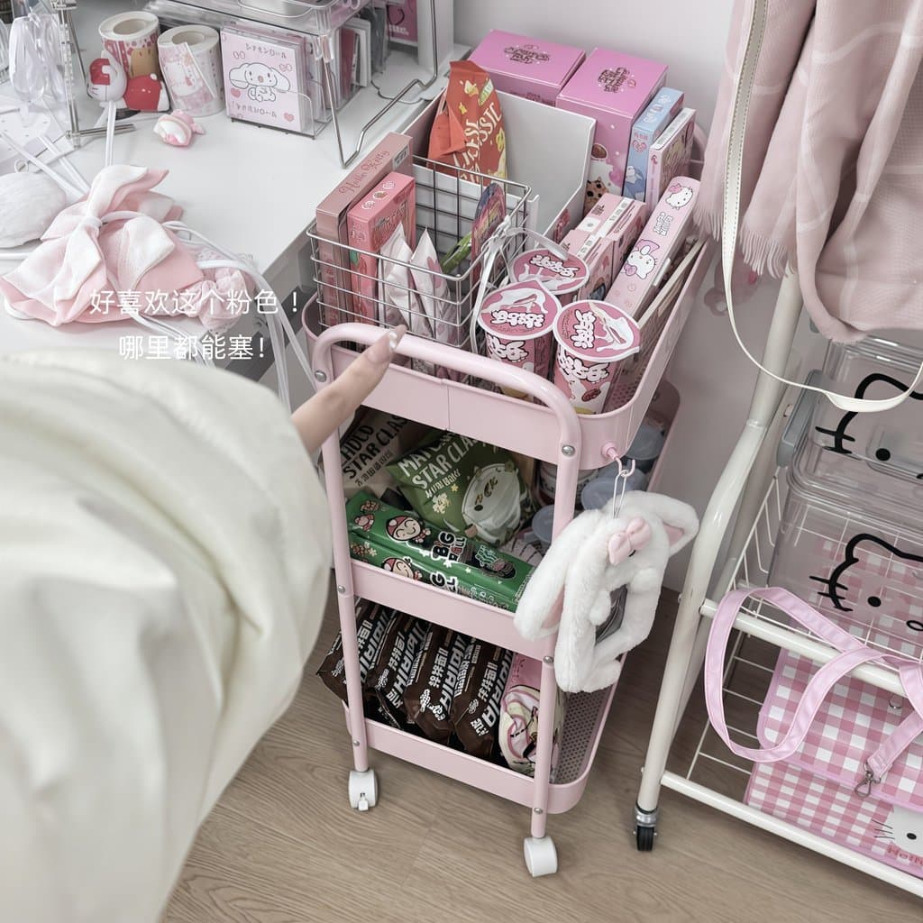 [Ótimo armazenamento!]Gatinho fofo rosa carrinho rack de armazenamento de lanche removível multicamadas feminino