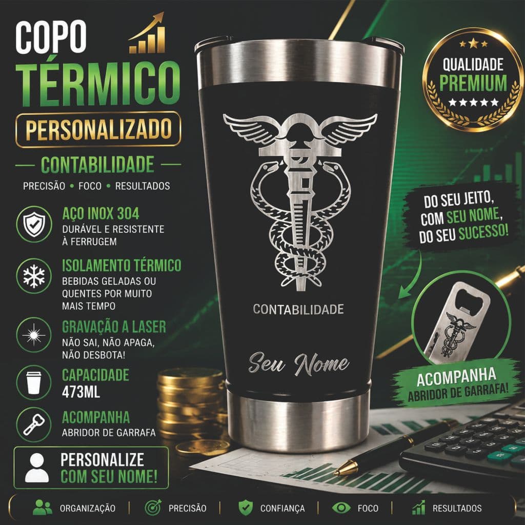 Copo Térmico Contabilidade 473ml Personalizado Nome Contador Inox e Abridor Presente Ideal Contadora