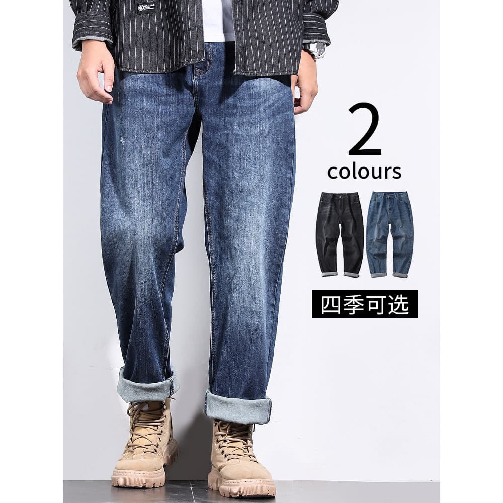 Calças de brim masculinas primavera outono estiramento solto calças retas mais gordura plus Size calças masculinas gorda