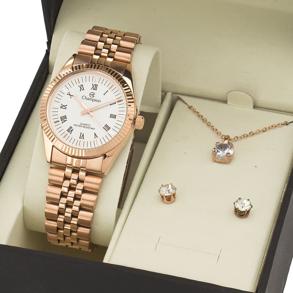 Relógio Feminino Champion Riviera Rose Kit Colar e Brincos CH24777X