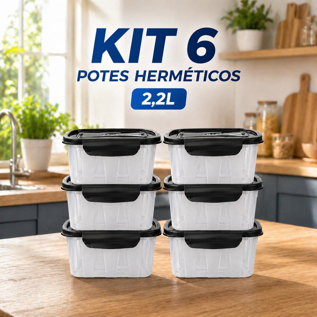 Kit com 6 Pote Marmita 2.2L com Trava Lateral Livre de BPA para Alimentos
