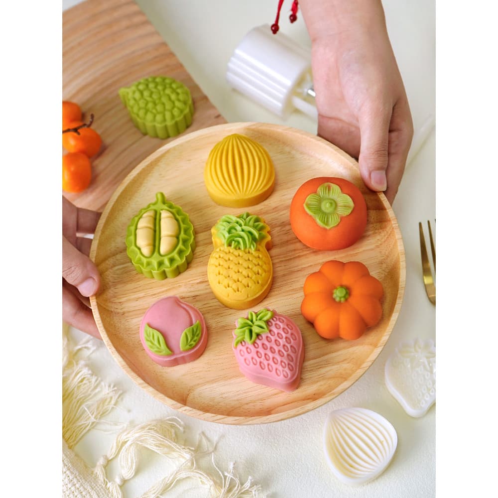 2025 novo estilo frutas pele de neve Mooncake molde estilo Pastoral pêssego Mung feijão bolo Mini morango pastelaria mão