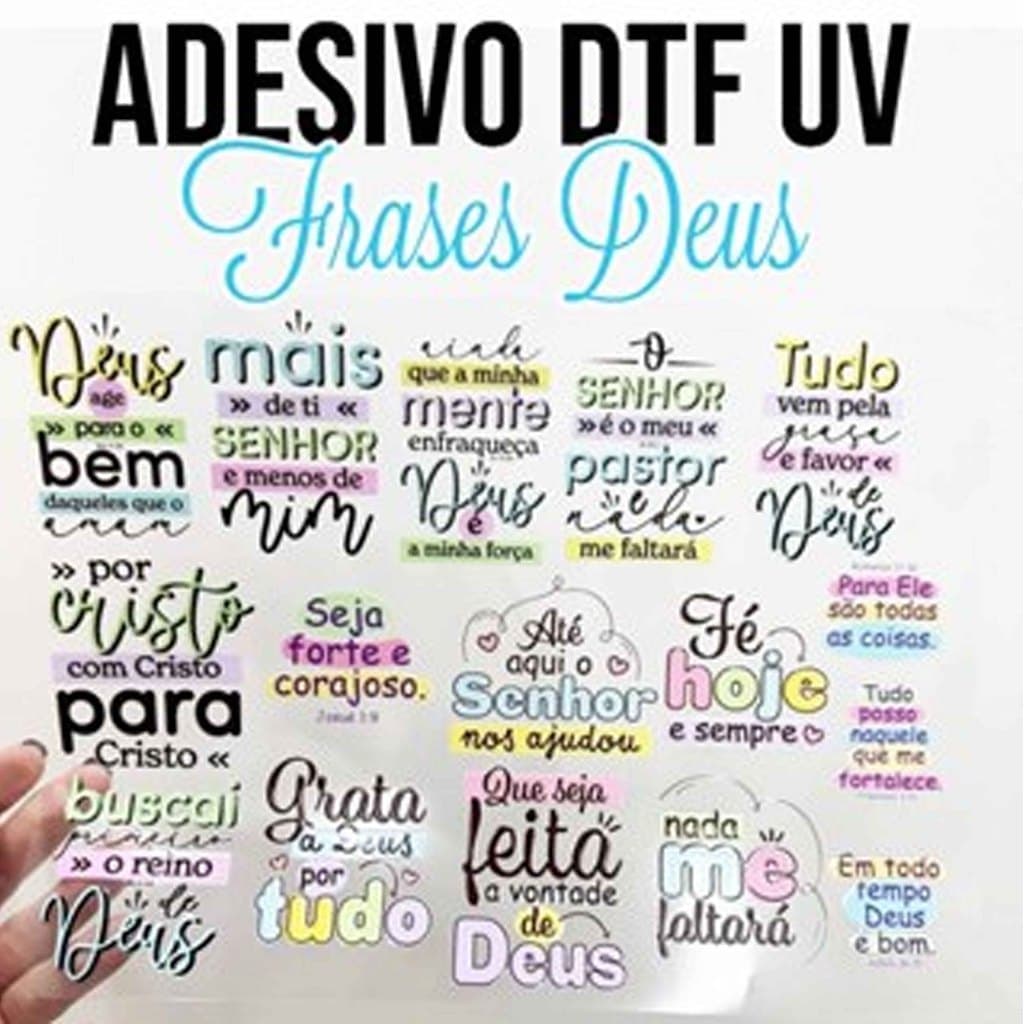 Adesivos DTF UV FRASES DEUS, religiosas para Personalização em Geral. Diversas imagens fé.