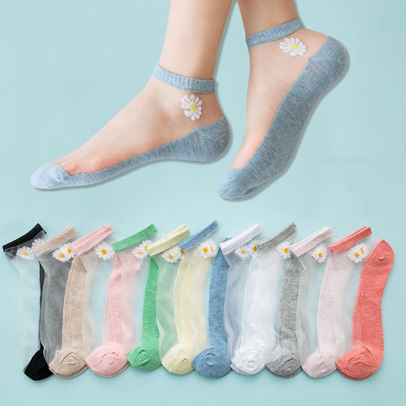 5Pairs Summer Woman Silk Socks Ankle Lace Ultra-thin Girl ’ S Transparent Glass Fiber Fashion Daisy Flower Harajuku Cute