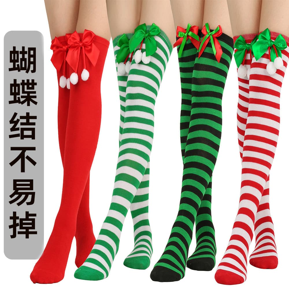 Arco natal meia bola meias sobre o joelho meias femininas tubo longo feriado listras de natal