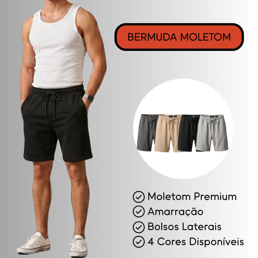 Bermuda De Moletom Premium 4 Cores Masculina Moletinho Com 2 Bolsos Laterais E Amarração Casual