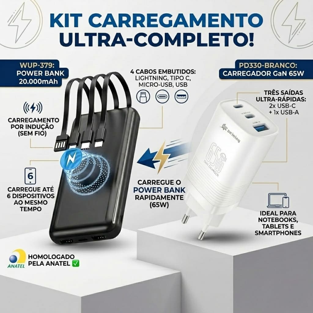 Kit Carregador Turbo 65W GaN + Power Bank 20.000mAh Indução Peining Original - Carga Rápida Completa