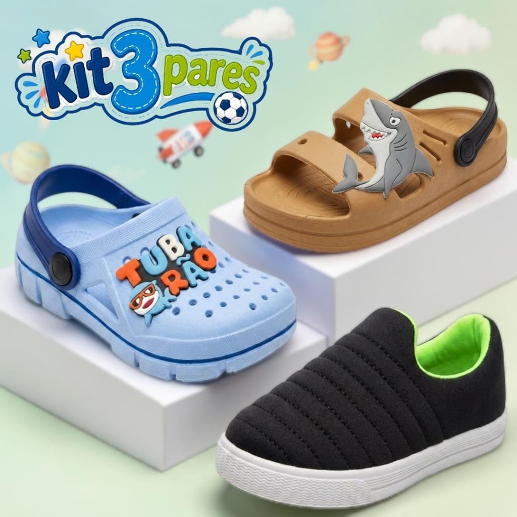 Kit 3 Pares Infantil Menino Babuche Papete Calce Fácil Escolar