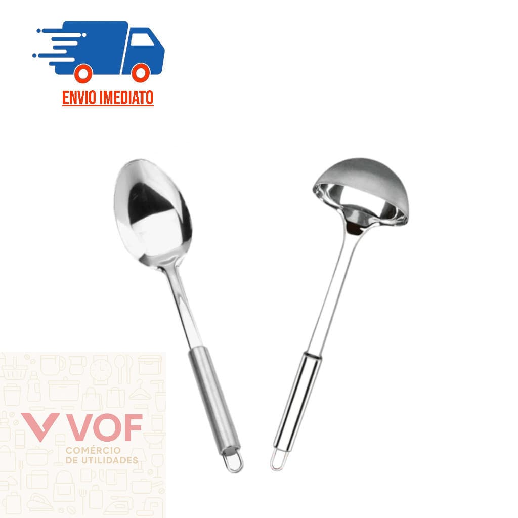 Kit Utensílios para Cozinha 2 Peças Aço Inox Jogo de Talheres Concha de Feijão e Colher de Arroz