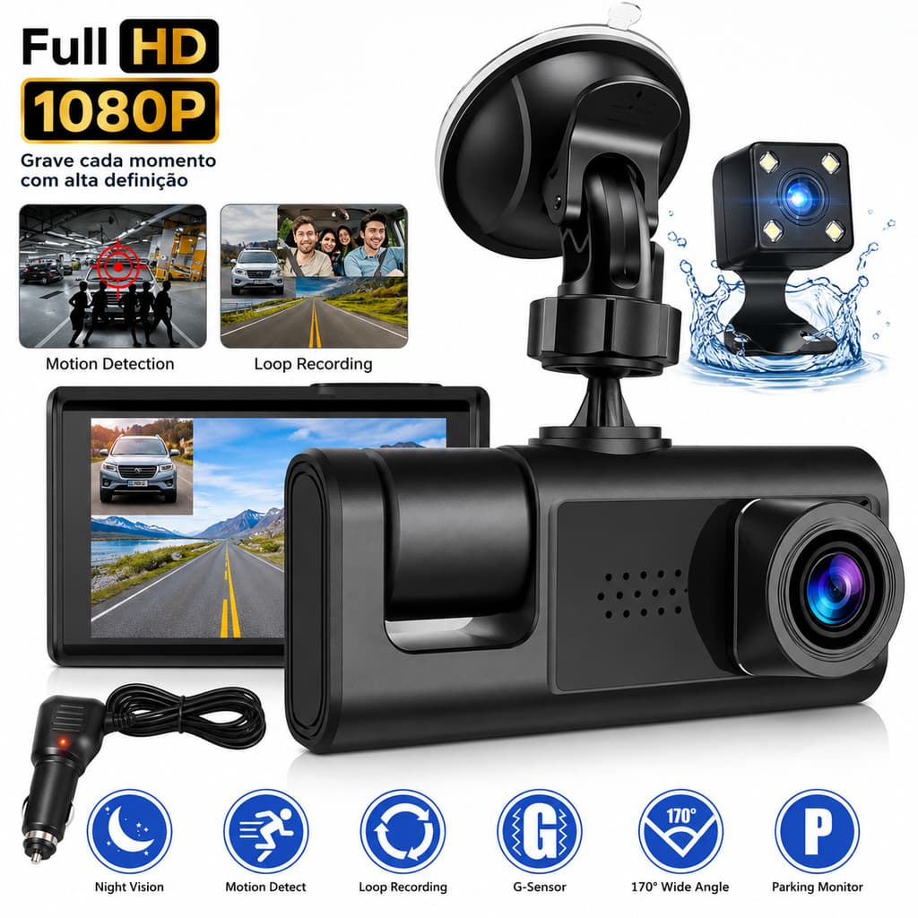 Câmera Veicular DVR 3 Lentes Full HD 1080P Tela LCD Visão Noturna Frontal Interna e Traseira