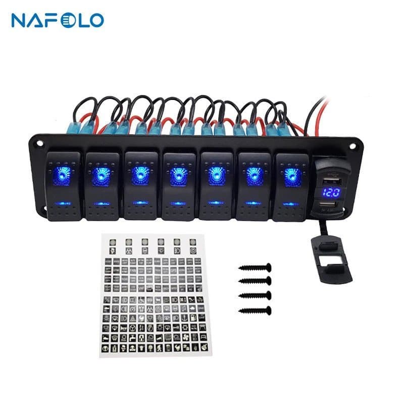Marine Boat Rocker Switch Panel 8 Gang LED Rocker Switch Panel Kit 12V/24V Circuit Breaker Dual USB Slots light