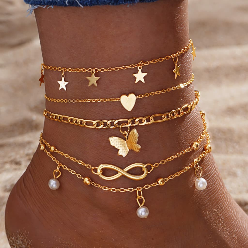 Conjunto de 4 peças de tornozeleiras vintage femininas, tornozeleiras de praia, combinação de tornozeleiras com borbolet
