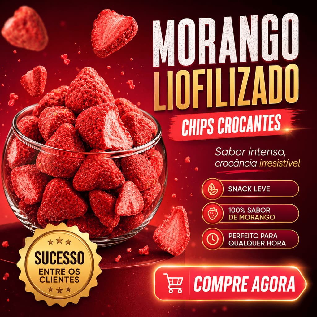 Chips de Morango Crocante Liofilizado