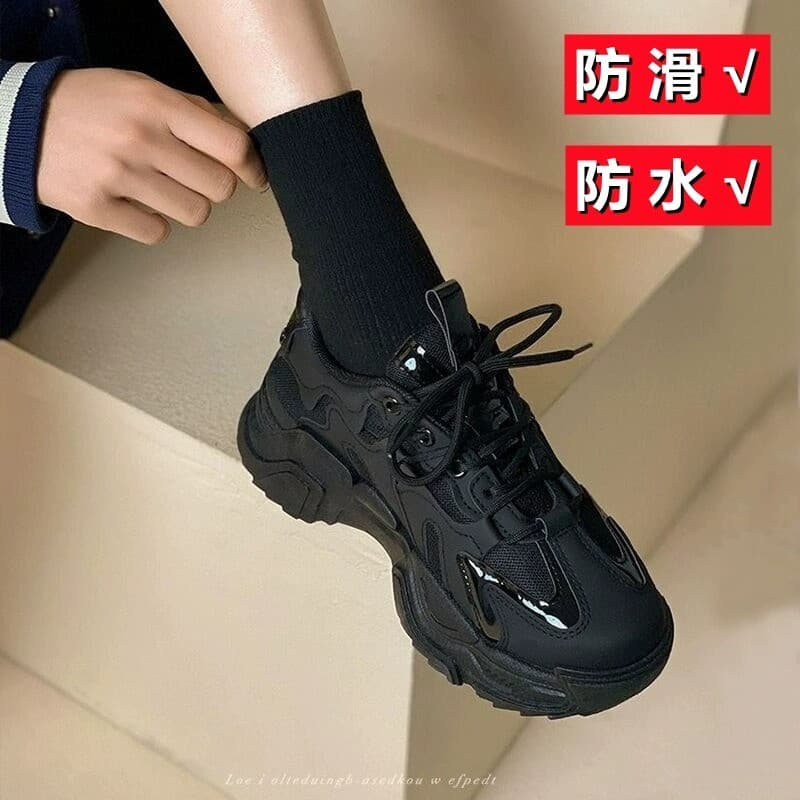 Todo preto de sola grossa papai sapatos femininos malha respirável esportes sapatos casuais leve sola macia antiderrapan
