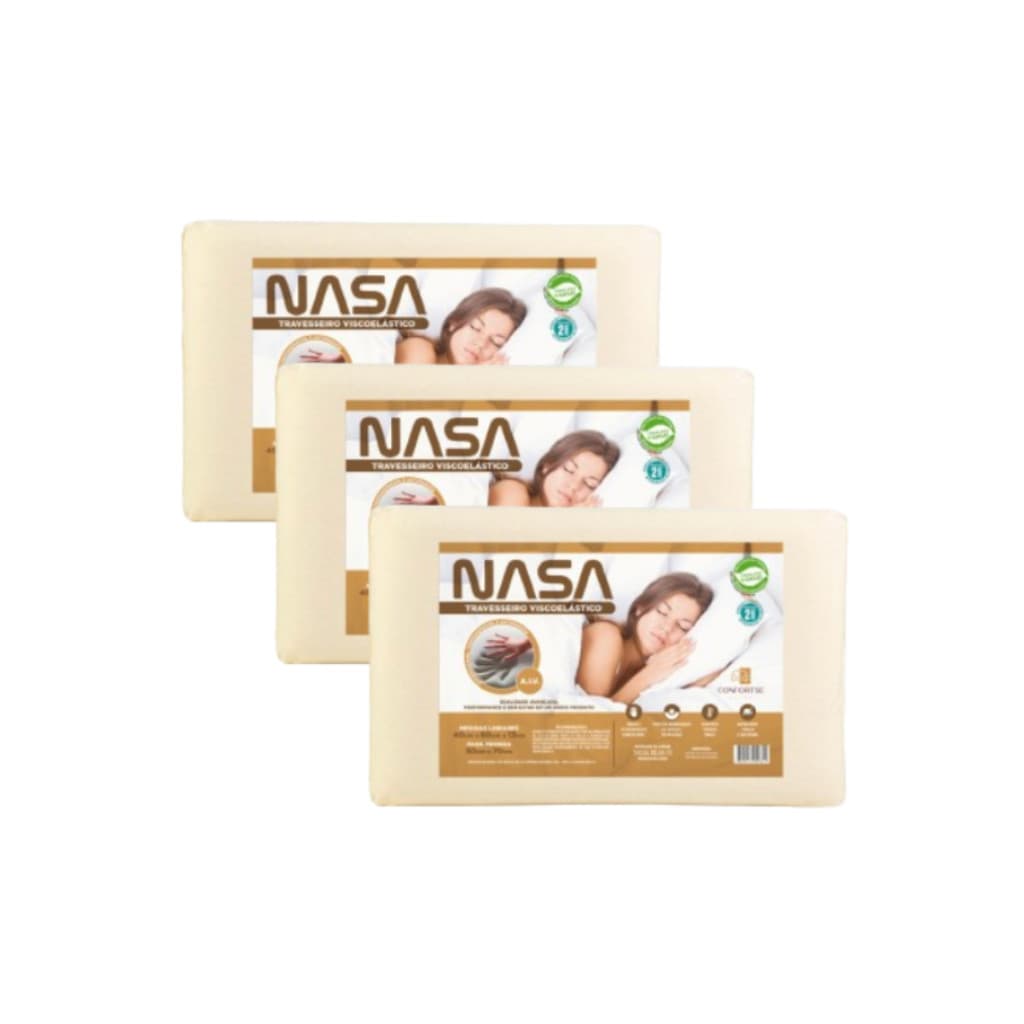 Kit com 3 Travesseiros NASA-X Tecnológicos - Viscoelástico Alto, Antialérgico, Antiácaro e Adaptável para o Seu Sono