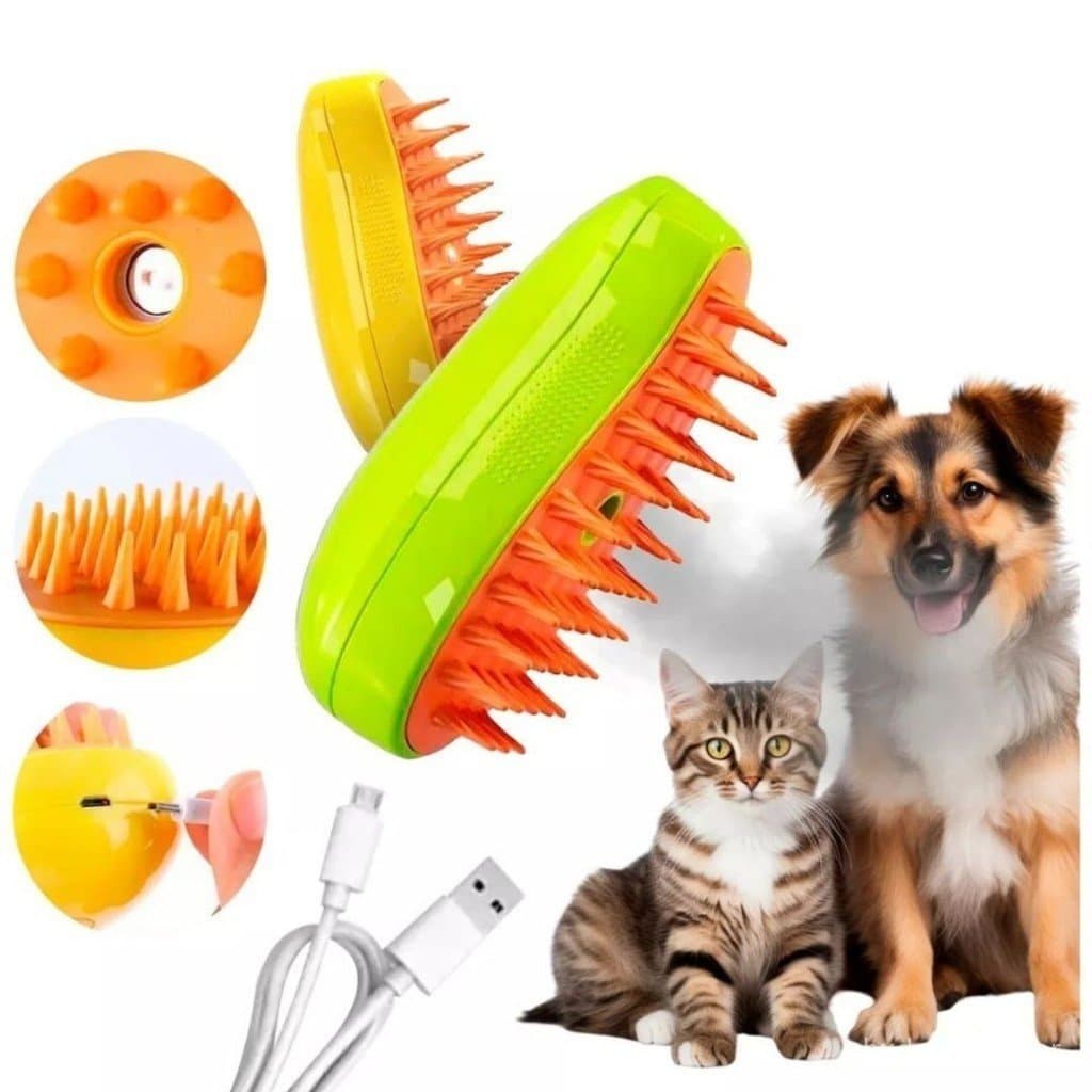 Escova Vapor Tira Limpa  Pelo Pet Cão E Gato 3 Em 1 Limpeza Vapor E Massagem Recarregável USB