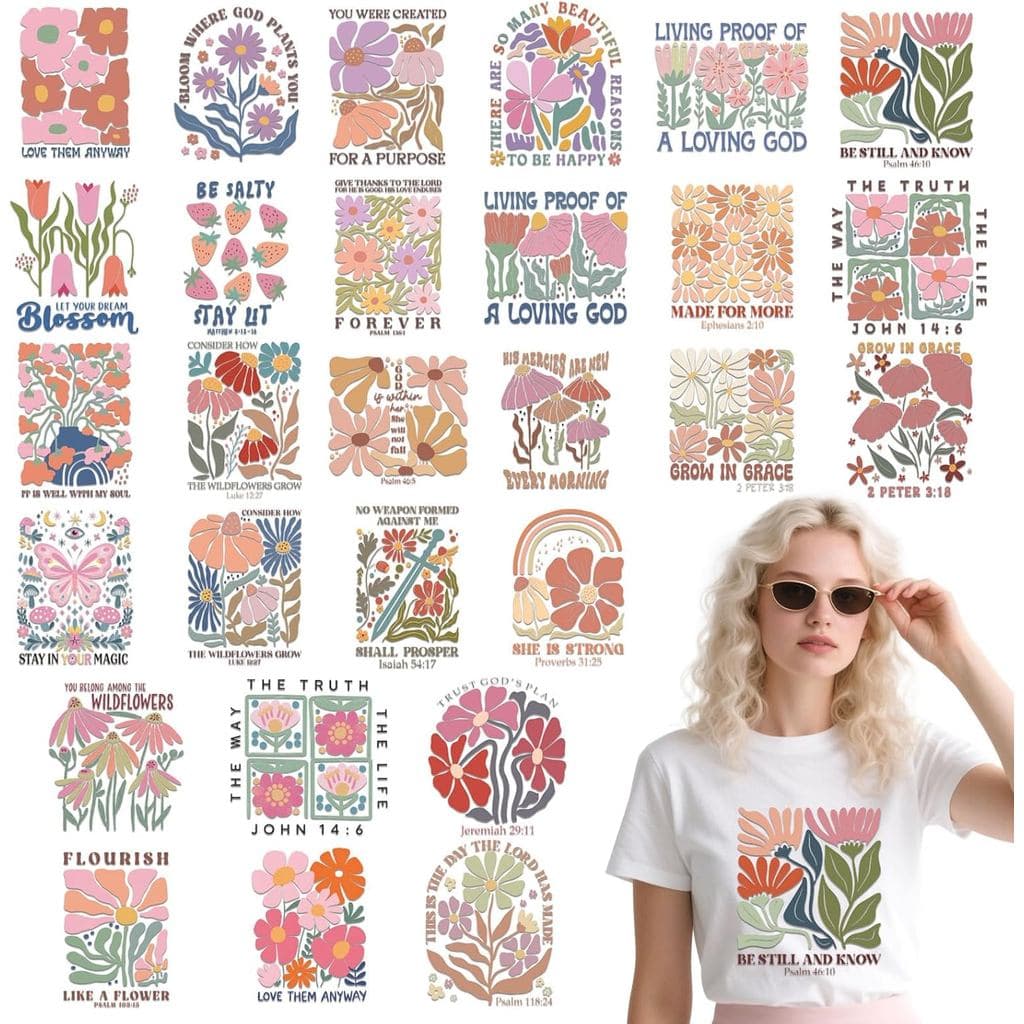 Dazoratix Christian Iron on Transfers - 28 Folhas com Versículos Bíblicos Florais DTF Prontas para Aplicação em Camiseta