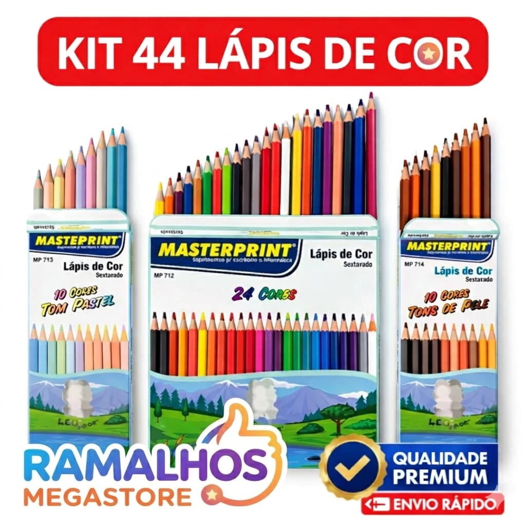 Kit 44 Lápis de Cor Masterprint Tons Pastel, Pele e Sextavado Profissional Escolar