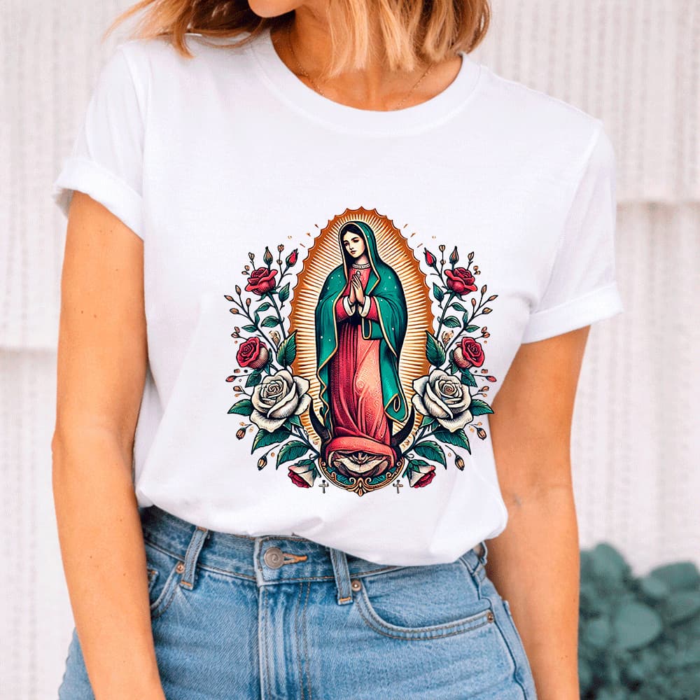 [Camiseta Premium em Algodão Puro]CC Católica Nossa Senhora Guadalupe Feminina Algodão Estampa