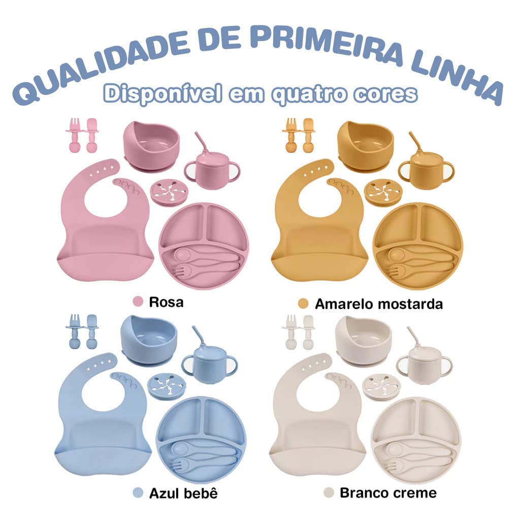 Kit 9 Peças Talheres alimentação bebê silicone kit Talheres Infantil Com Ventosa Canudo Colher Babador Garfo