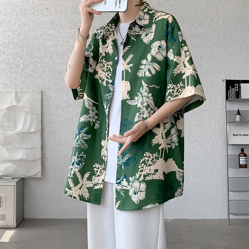 Hawaiii Tailândia Floral Ice Silk Camisa de manga curta masculina Street Wear 5 pontos meia manga alta