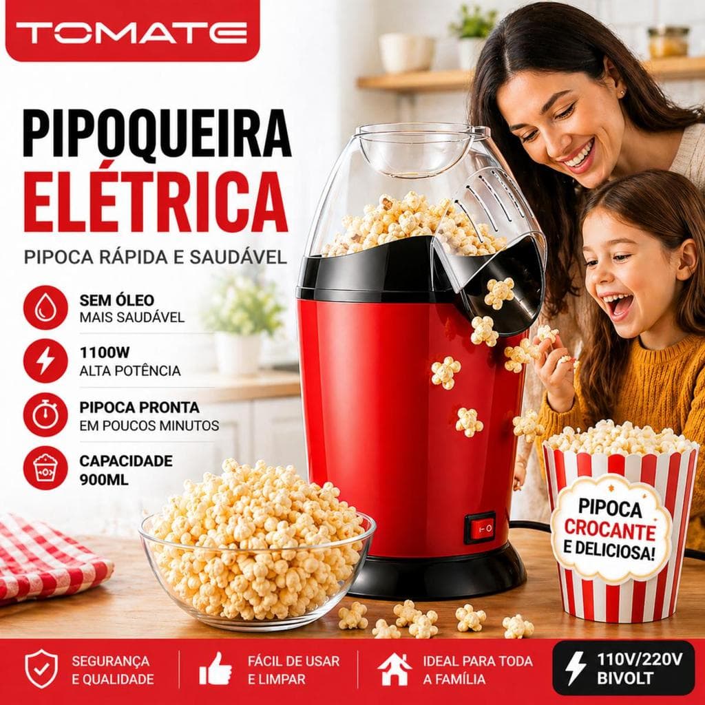 Pipoqueira Elétrica 110V 220V 1100W Máquina de Pipoca Sem Óleo Rápida Portátil 900ml Fácil Uso