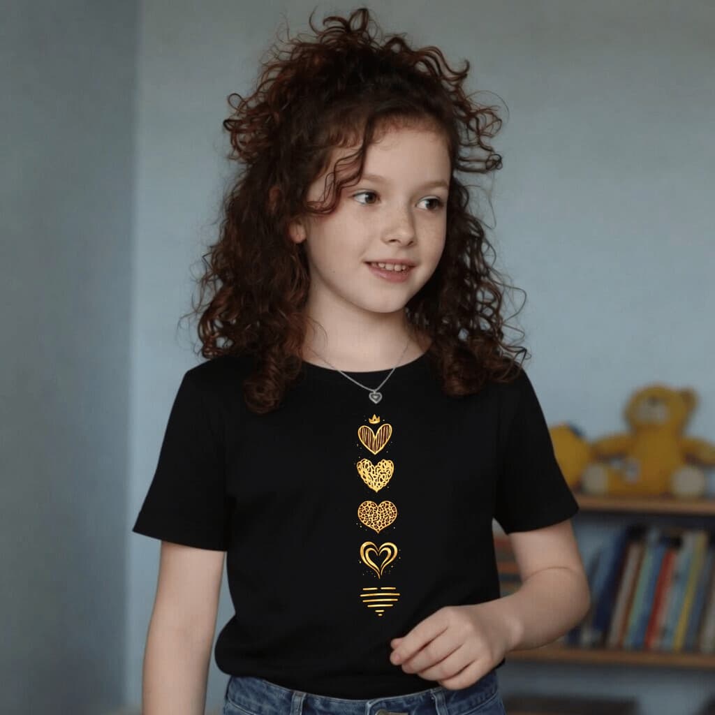 Camiseta Infantil Estampada Criança 5 Corações Dourado 100% Básica Manga Curta Unissex Masculina e Feminino Básica