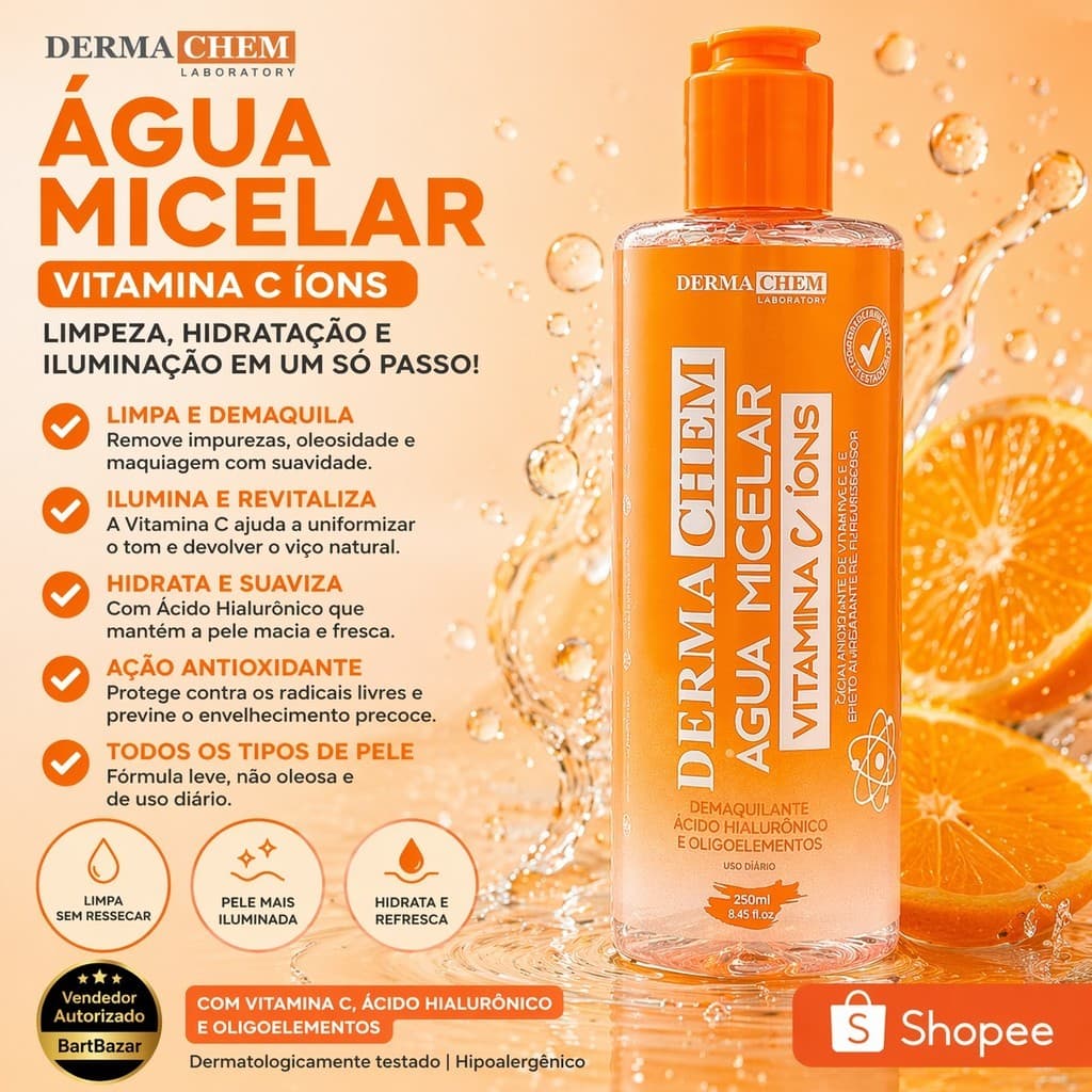 Agua Micelar Dermachem Vitamina C 250ml Demaquilante Facial Antioxidante  Limpeza Profunda Original